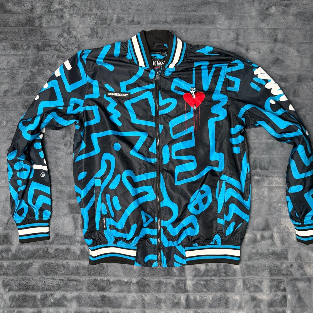 Members Only Bomber Jacket Mens Medium Black Blue Keith Haring Tokyo Pop